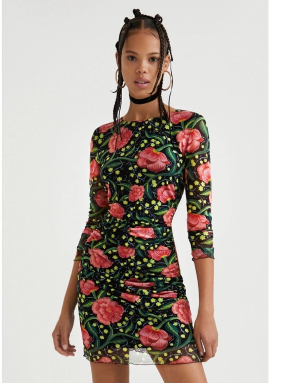 NWT Desigual Floral Mesh Bodycon Dress SLIM Black Pink Floral size XS